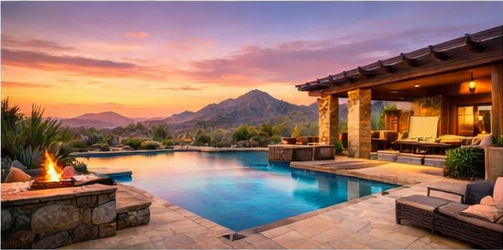 Upscale Scottsdale Arizona landscape architecture with mature saguaro and elegant desert design